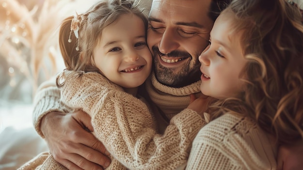 A father embracing daughters