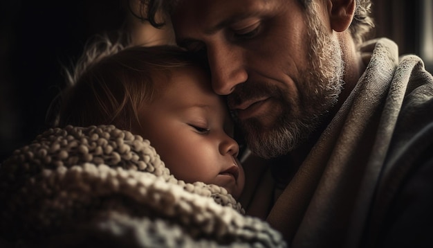 Father embracing newborn son love and togetherness generated by AI