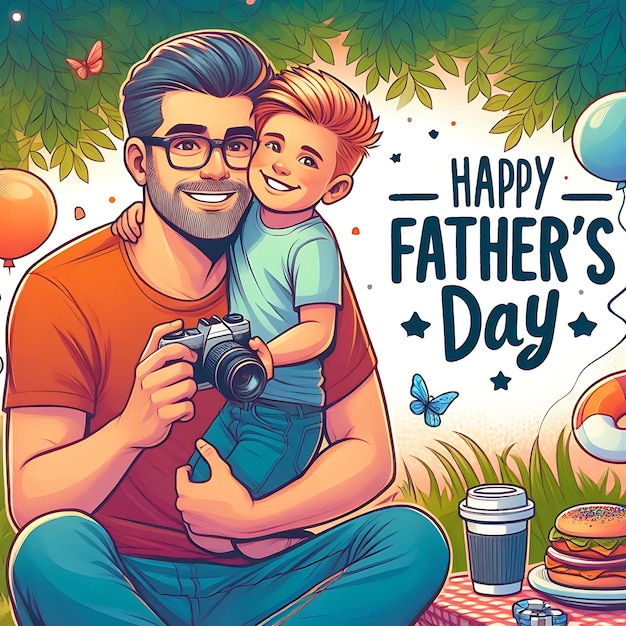 Father enjoying Fathers Day with son vector illustration Social media Post or Greeting Card