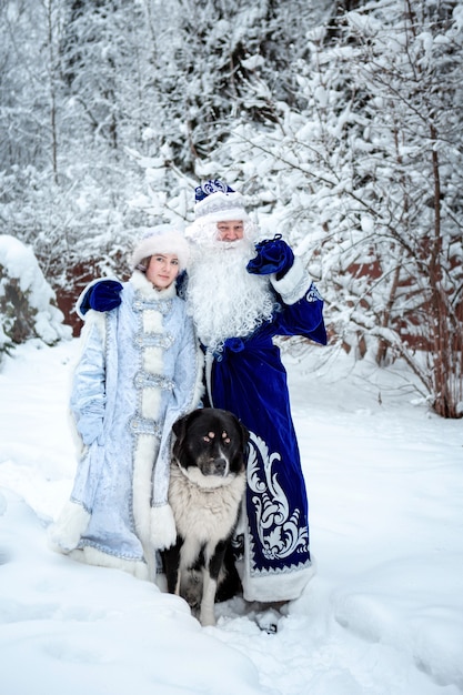 Father Frost, Snow Maiden and a large dog on a background of snowy trees