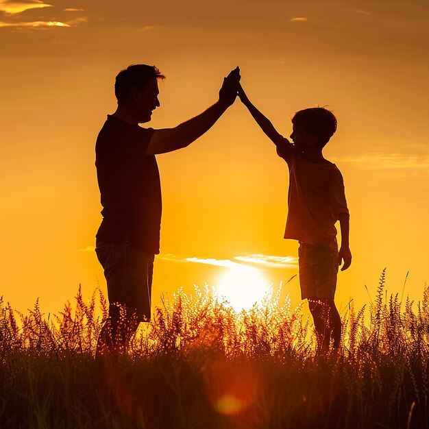 Father giving son high five Parent child relationship concept