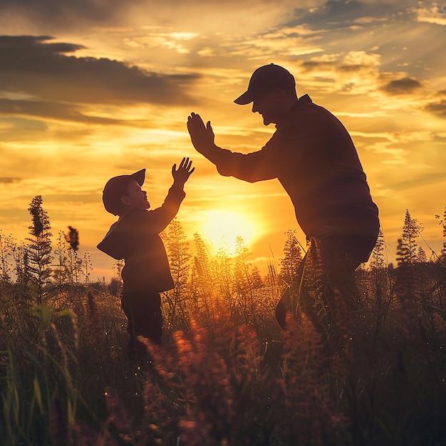 Father giving son high five Parent child relationship concept