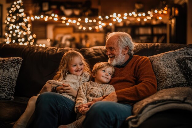 Photo a father and his children sit on a couch with christmas lights behind them