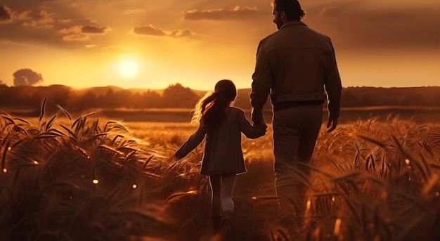 A father and his daughter walking at sunset