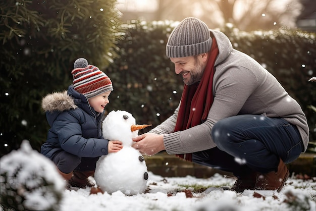 A father and his son building a snowman in the garden