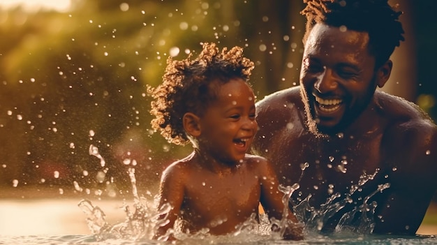 A father and his son playing in a fountain on a hot summer day