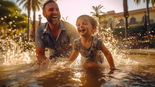 A father and his son playing in a fountain on a hot summer day