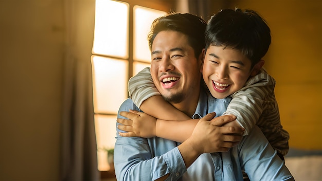 a father and his son share a moment of connection smiles lighting up their faces as they take a picture together