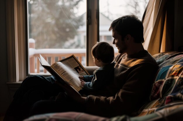 Photo a father and his son sit on a comfy couch by a window reading a book together a parent and child reading together on a comfy couch