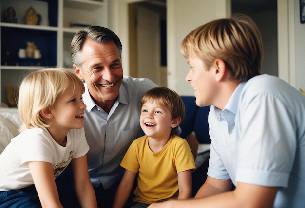 a father and his three children sitting on the blue sofa talking and smiling