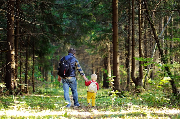 Father and his toddler son walking during the hiking activities in autumn forest at sunset