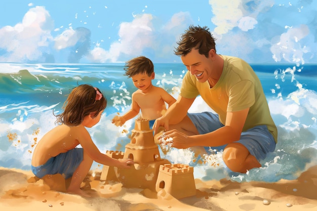 Father and his two children are enjoying their vacation by building a sandcastle together on a sunny beach