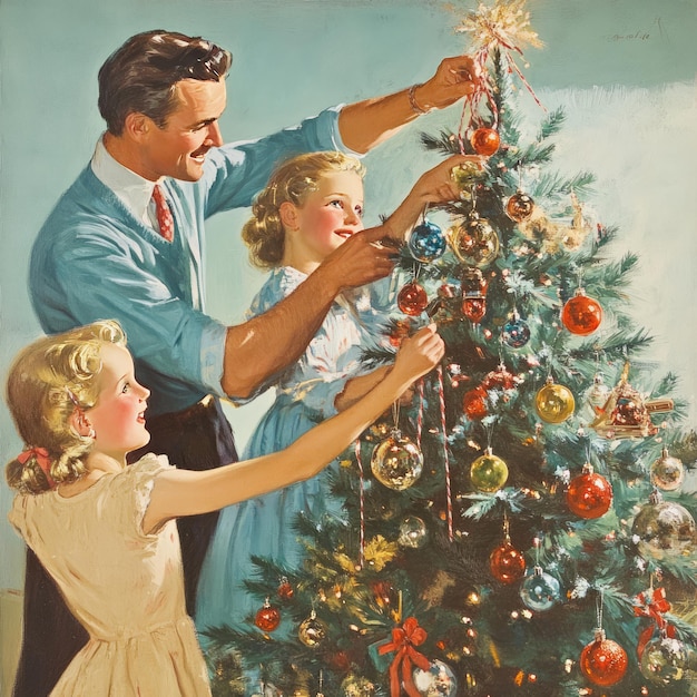 Photo a father and his two daughters decorate a christmas tree smiling as they add ornaments