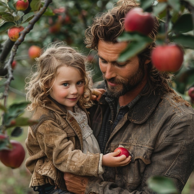 Photo a father and his young daughter enjoying a day at the apple orchard with her reaching for a ripe