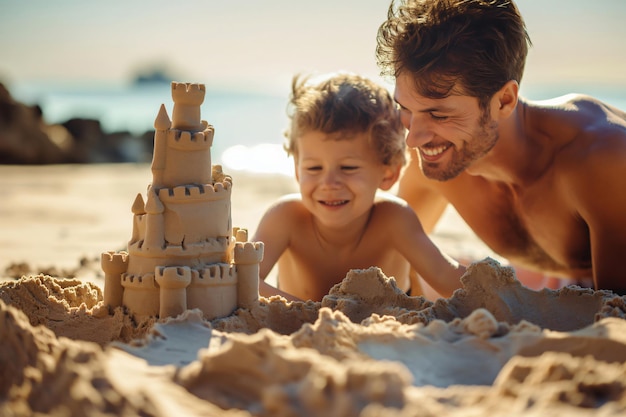 Father and his young son are enjoying their vacation by building a sandcastle together on a sunny beach