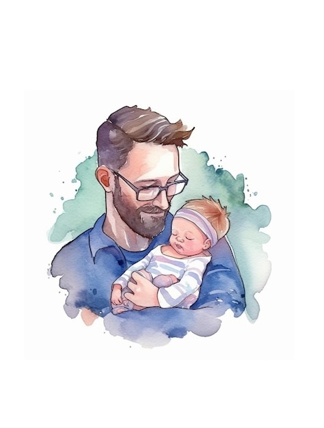 Father holding baby watercolor painted Happy father's day Digital art painting illustration