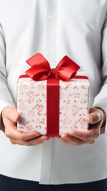 Father holding Christmas gift box in a white backdrop beautiful portrait Generative AI