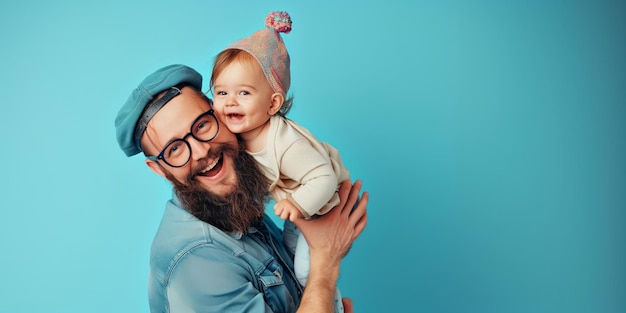 The father holds the baby in his arms Fathers Day parenthood Isolated on blue background