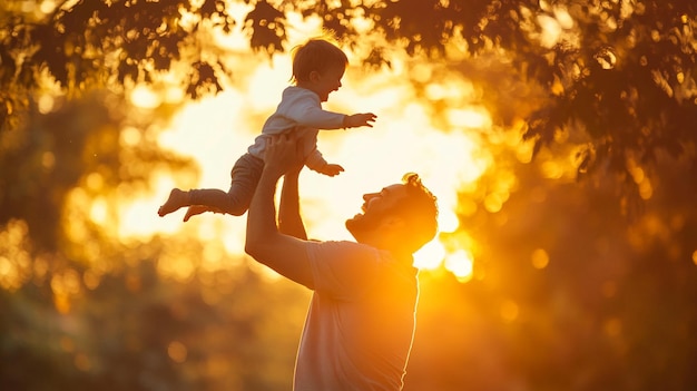 Photo a father holds his baby up in the air in front of a sunset background