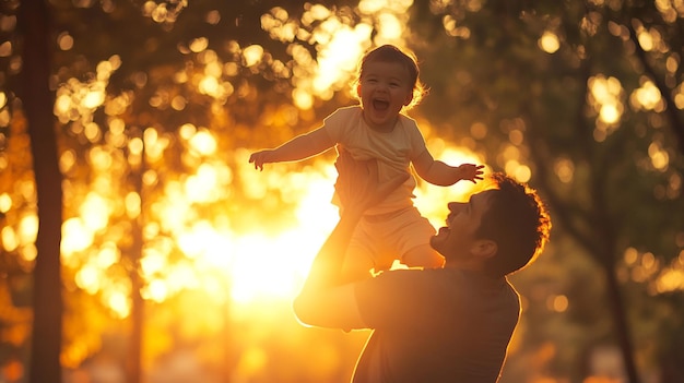 a father holds his baby up in the air in the sun