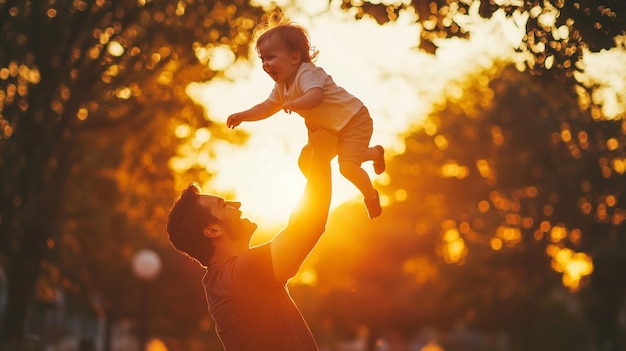 a father holds his baby up in the air in the sun