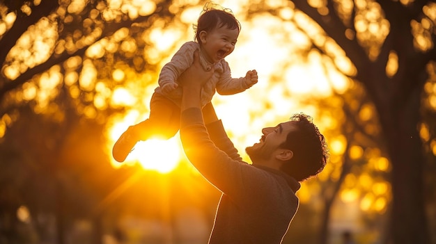 a father holds his baby up in the air at sunset