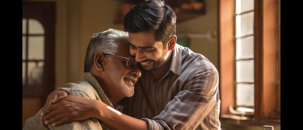 a father hugs his son who is smiling at him