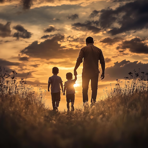 Father and Kids Strolling into a Sunset