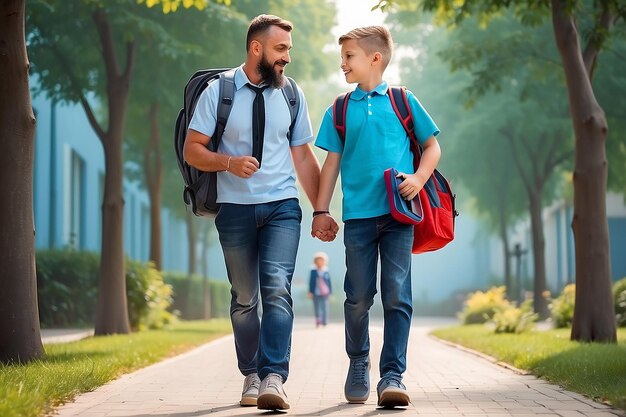 Photo father leading child to school on first day of first grade