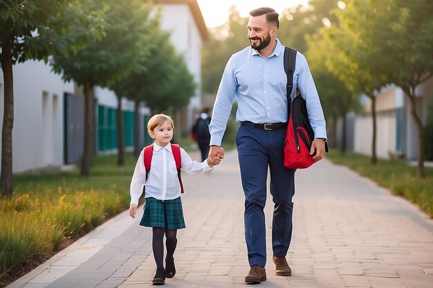 Photo father leading child to school on first day of first grade