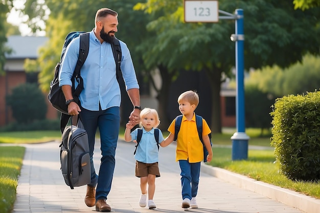 Photo father leading child to school on first day of first grade