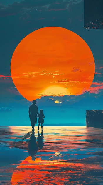 Father and Little Girl Walking Together View of Sunset