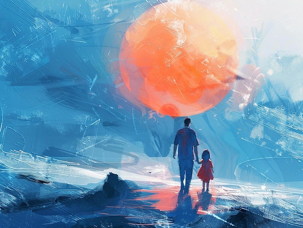 Father and Little Girl Walking Together View of Sunset