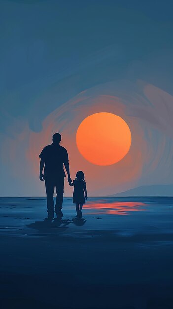 Father and Little Girl Walking Together View of Sunset