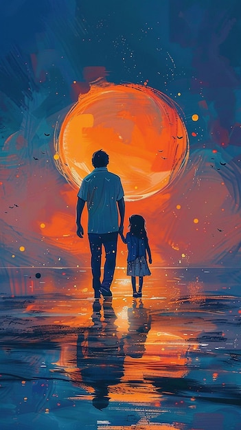 Father and Little Girl Walking Together View of Sunset