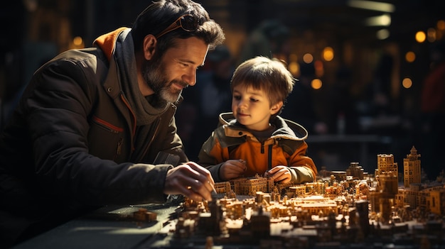 Father and little son construction workers in special uniforms