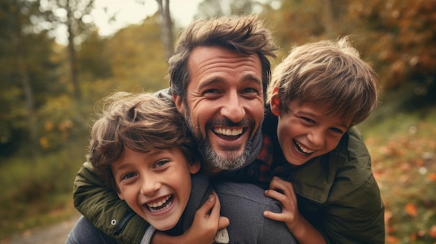 father and little son hugging smiling and having fun family time together in outdoors