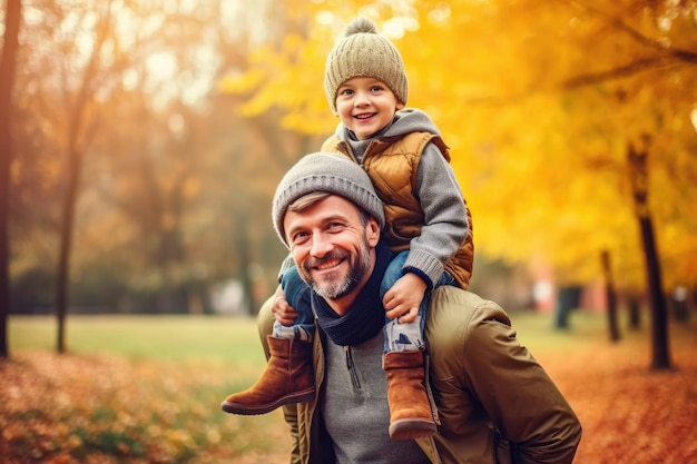 Father piggyback son in park