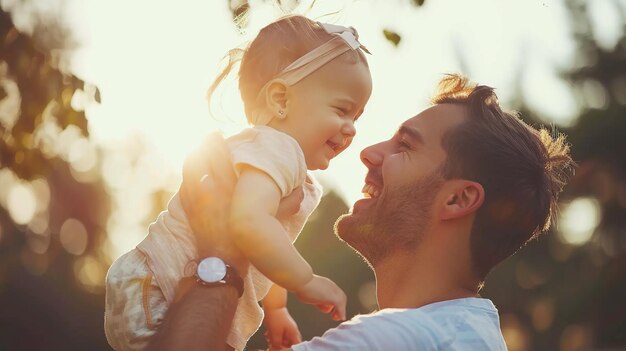 Father plays with a cute blonde baby toddler in the park at sunset dad lifts the baby