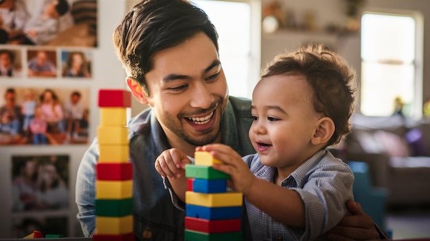 a father plays with his son while they play with blocks