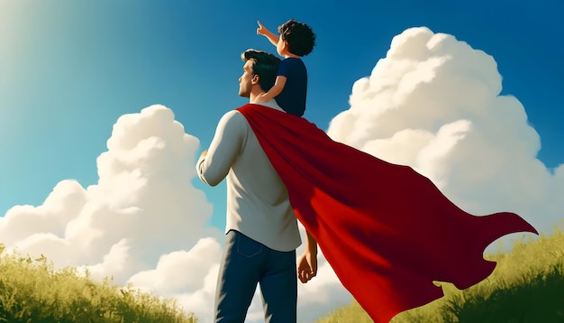 A father in a red cape holds his child on his shoulders outdoors both gazing ahead against a blue s