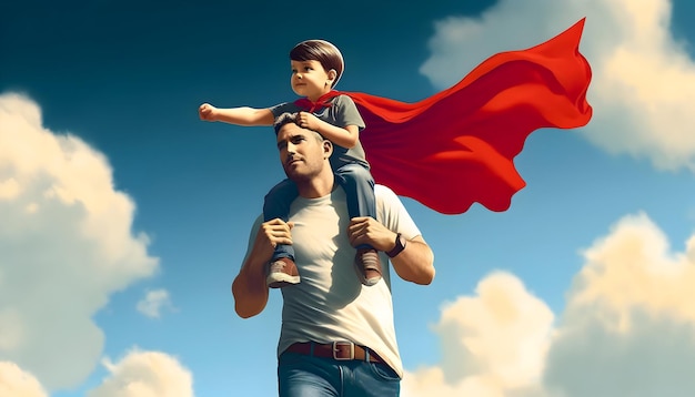 A father in a red cape holds his child on his shoulders outdoors both gazing ahead against a blue s