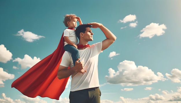 A father in a red cape holds his child on his shoulders outdoors both gazing ahead against a blue s