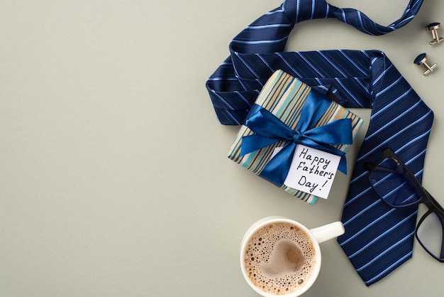 Father's Day concept Top view photo of stylish giftbox with silk ribbon bow and postcard blue necktie glasses cup of coffee and cufflinks on isolated pastel grey background