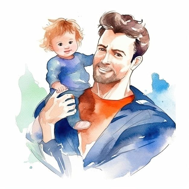 Father's day Father with child watercolor Illustration AI GenerativexA