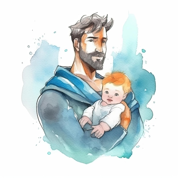 Father's day Father with child watercolor Illustration AI GenerativexA