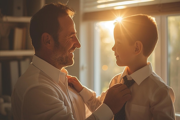 a father and son are dressed in white and the sun is shining through the window