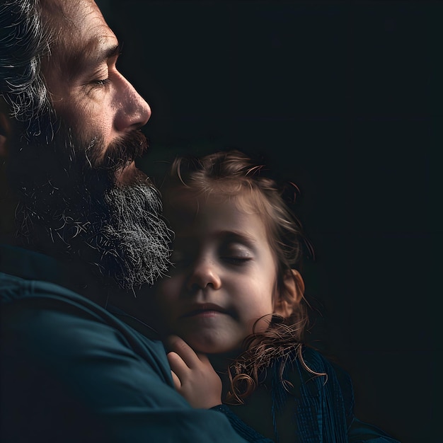 Father and son are holding hands on blue background