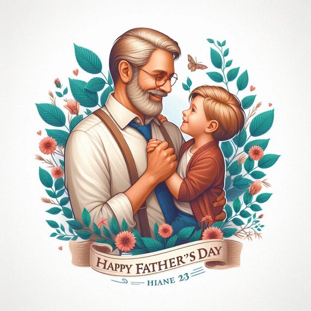 a father and son are holding hands in a frame of flowers