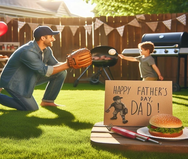 a father and son are looking at a sign that says fathers day is written on it